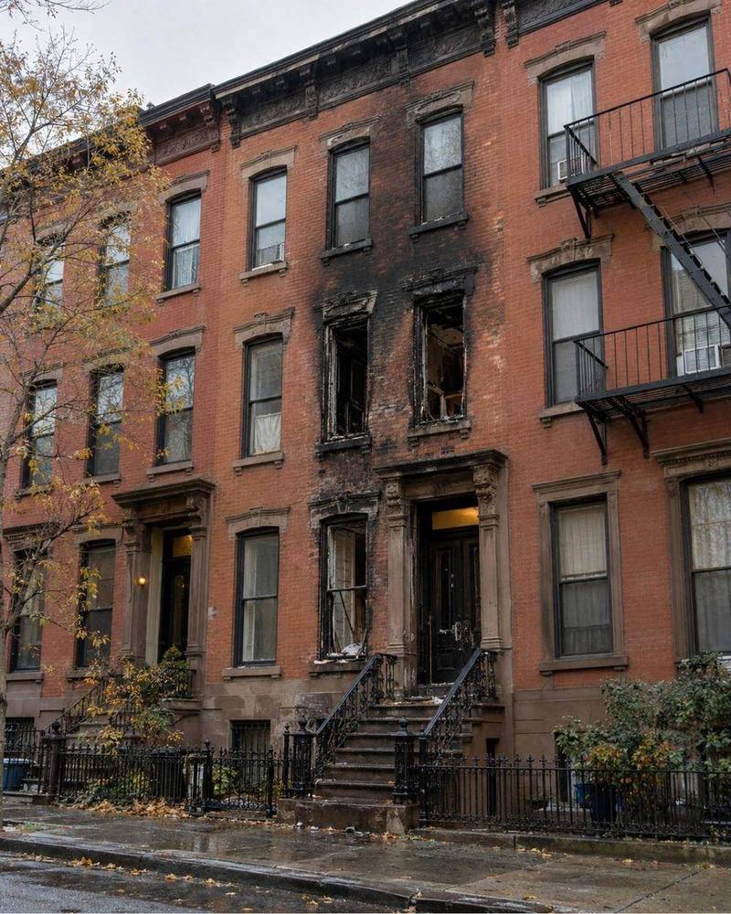 Fire damage around the windows of a Brooklyn brownstone.