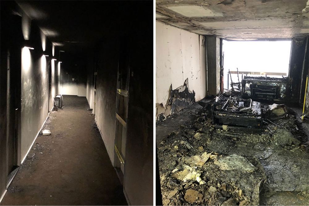 Soot-damaged apartment hallway and fire-gutted room after a fire.