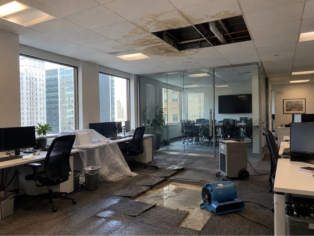 Office with water-stained ceiling tiles and drying equipment after a leak.