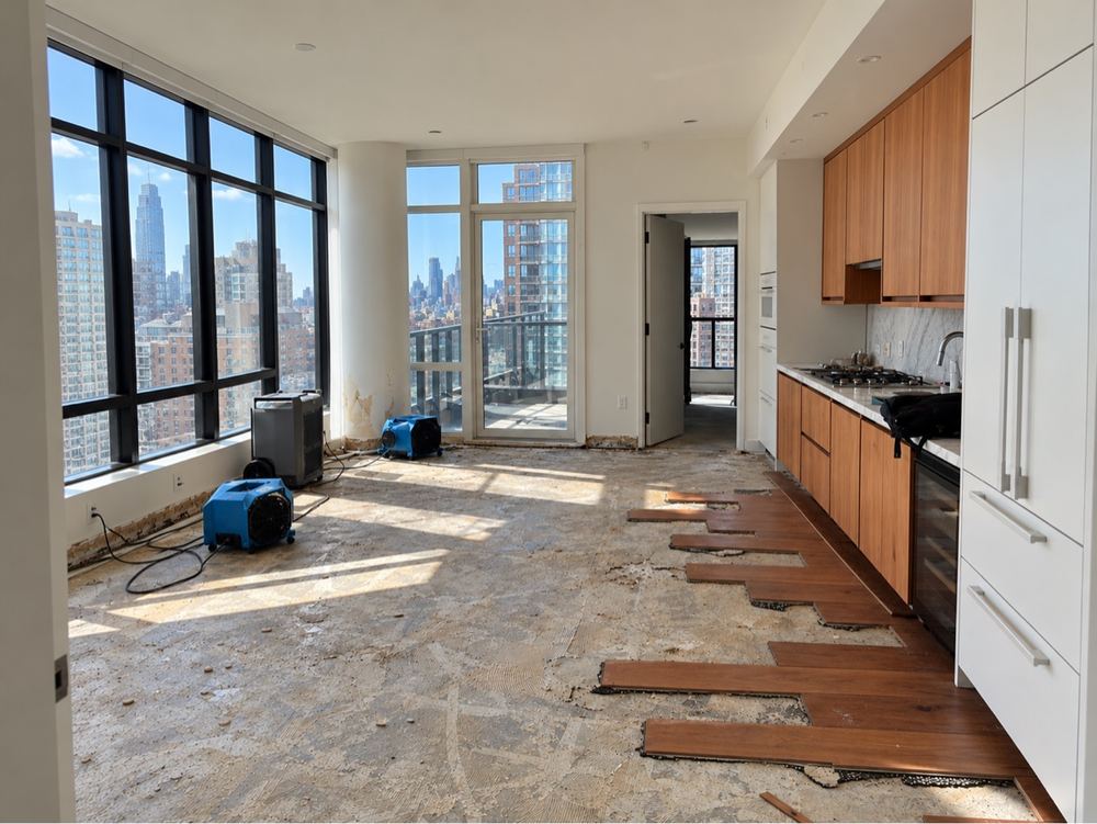 Water-damaged condo floor torn up during drying, with the Manhattan skyline in the windows.
