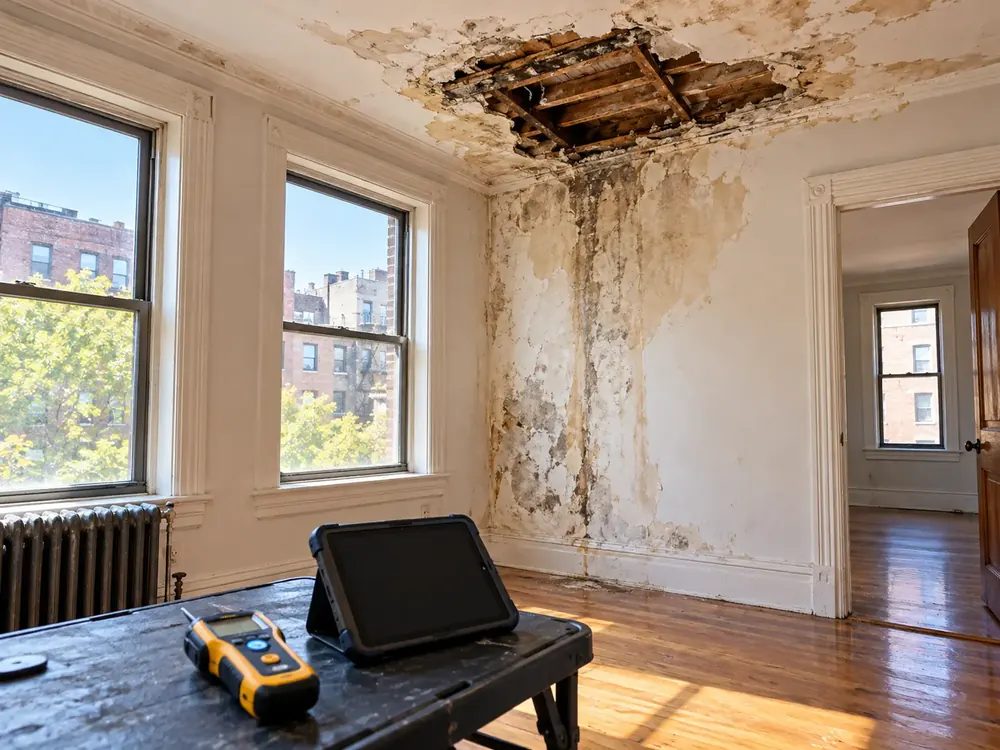Water-damaged plaster ceiling and wall with a moisture meter on a table.