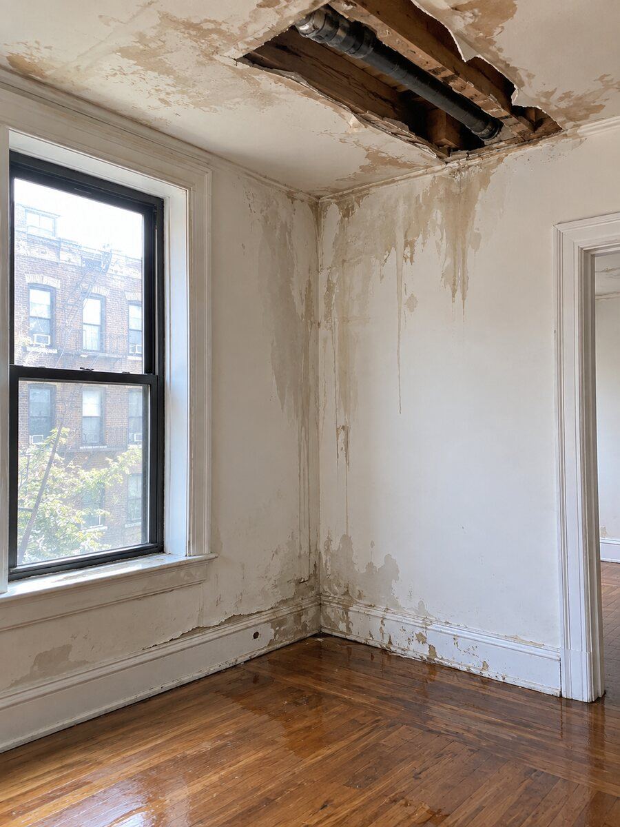 Representative water-damaged room showing an opened ceiling, stained and peeling walls, and wet flooring