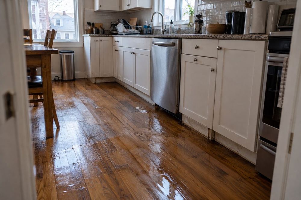 Standing water across wood flooring in a kitchen with white cabinets.